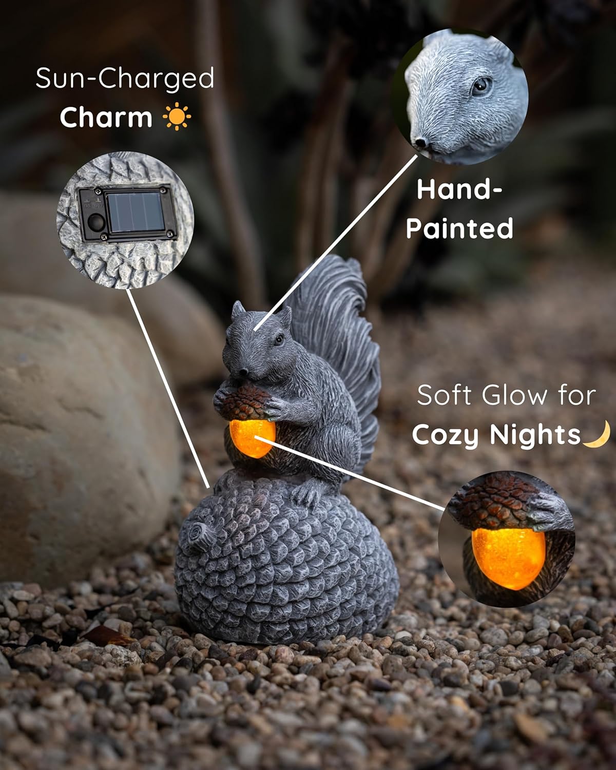 Solar Garden Statue – Hand-Painted Resin Squirrel on Pinecone with Glowing LED Acorn – Charming