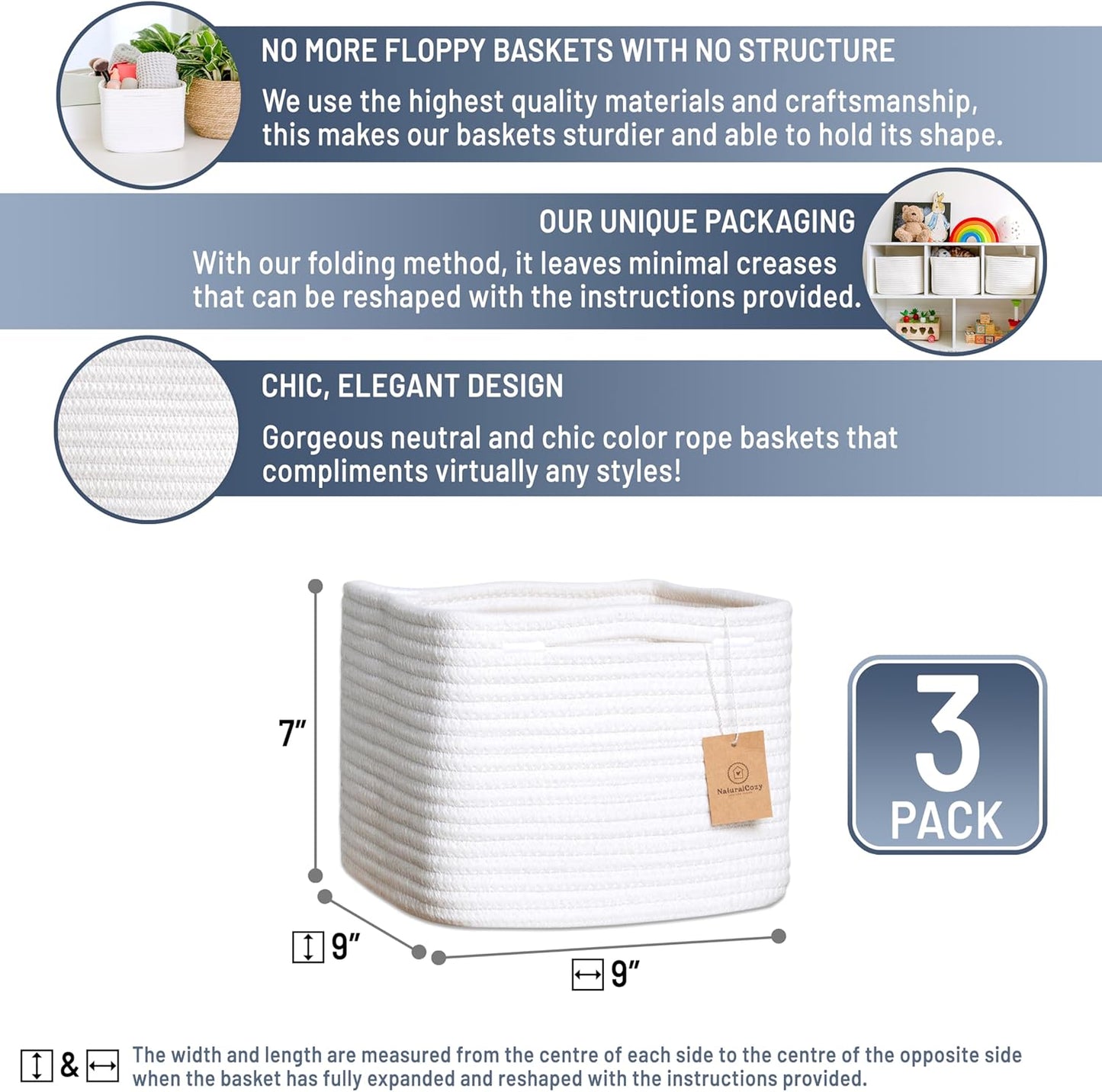 NaturalCozy Storage Cubes 9”x9”x7”Cotton Rope Woven Baskets for Organizing 3-Pack | 9 Inch Cube