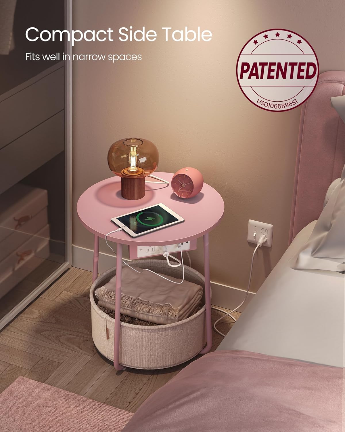VASAGLE Side Table with Charging Station, Round End Table with Fabric Basket, Nightstand with Power
