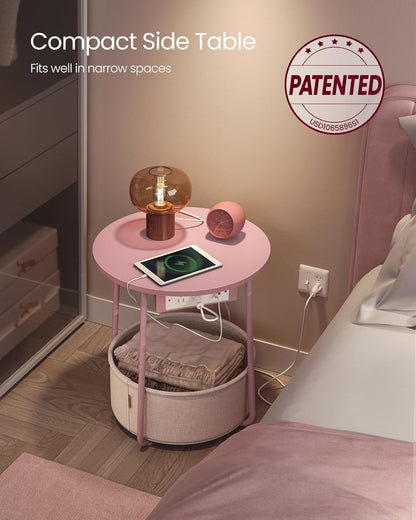 VASAGLE Side Table with Charging Station, Round End Table with Fabric Basket, Nightstand with Power