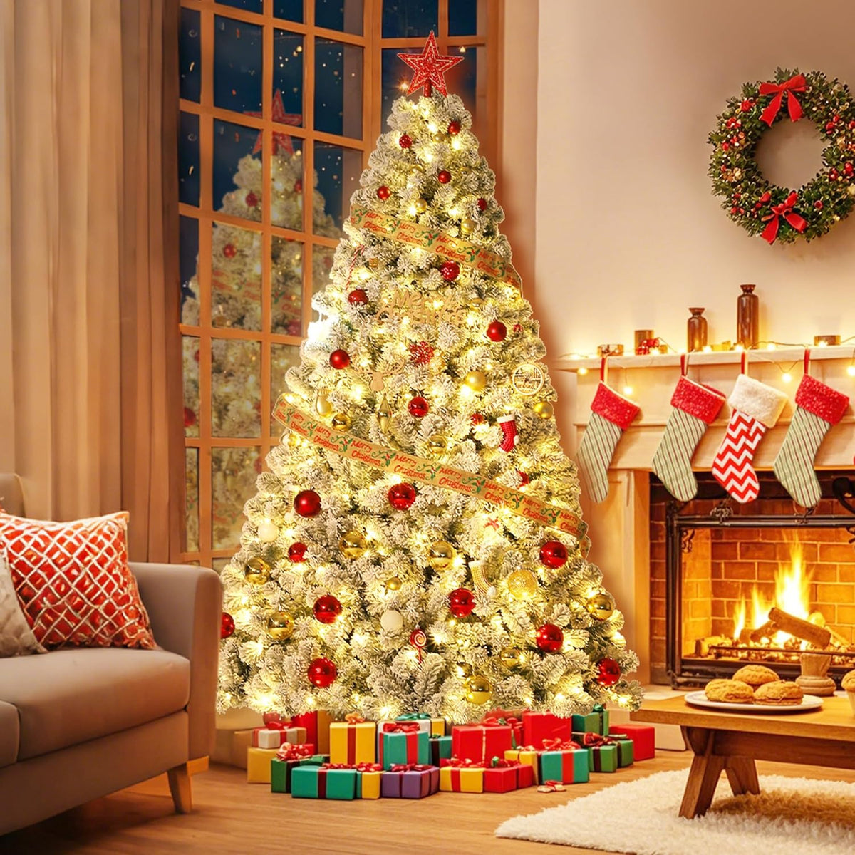 GarveeHome 9ft Prelit Artificial Christmas Tree with Warm White Lights, Snow Flocked Full Xmas Tree