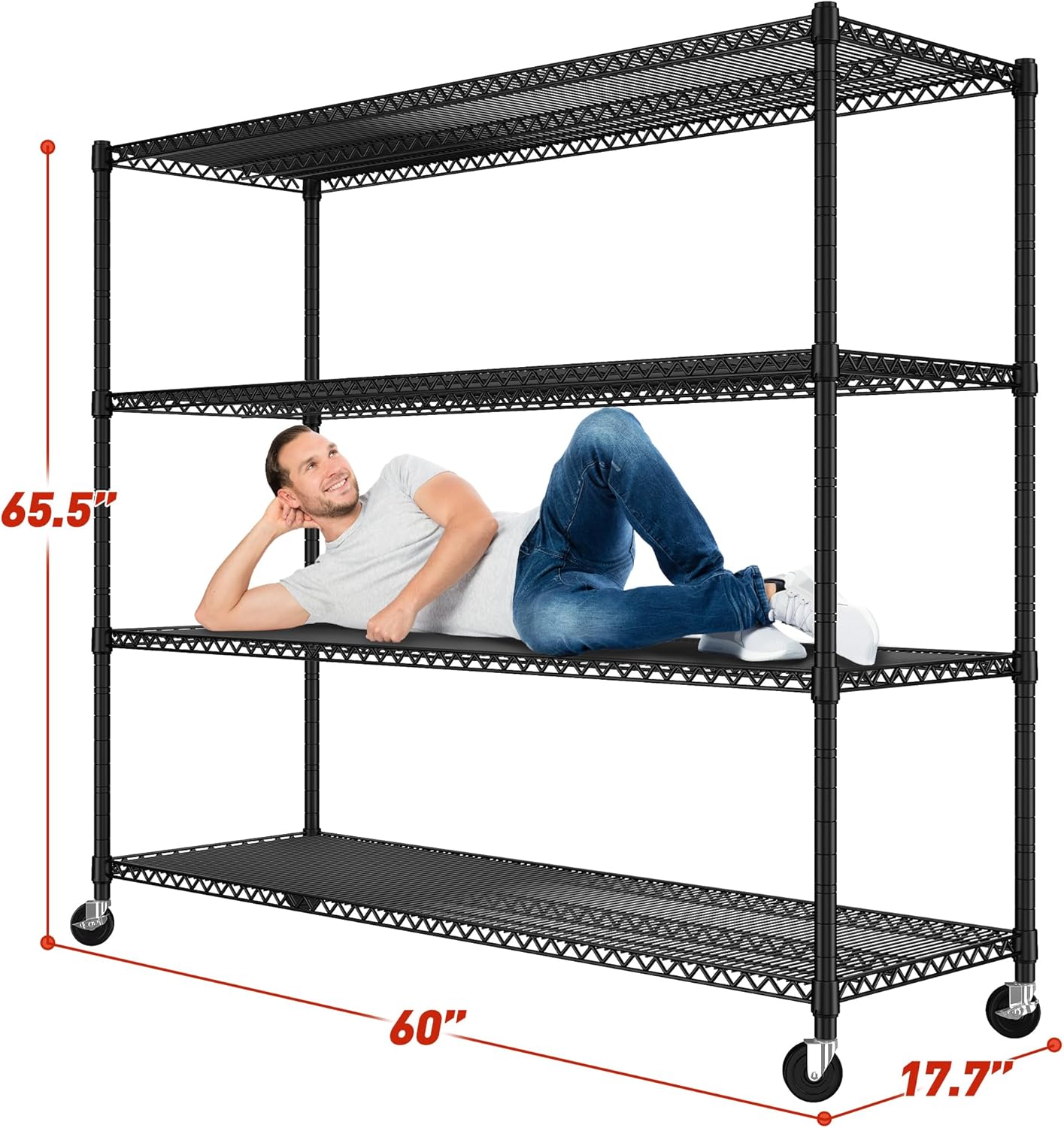 REIBII 60''W Storage Shelves 2399LBS Metal Shelving Unit with Wheels & Feet, 4 Tier Garage Shelving