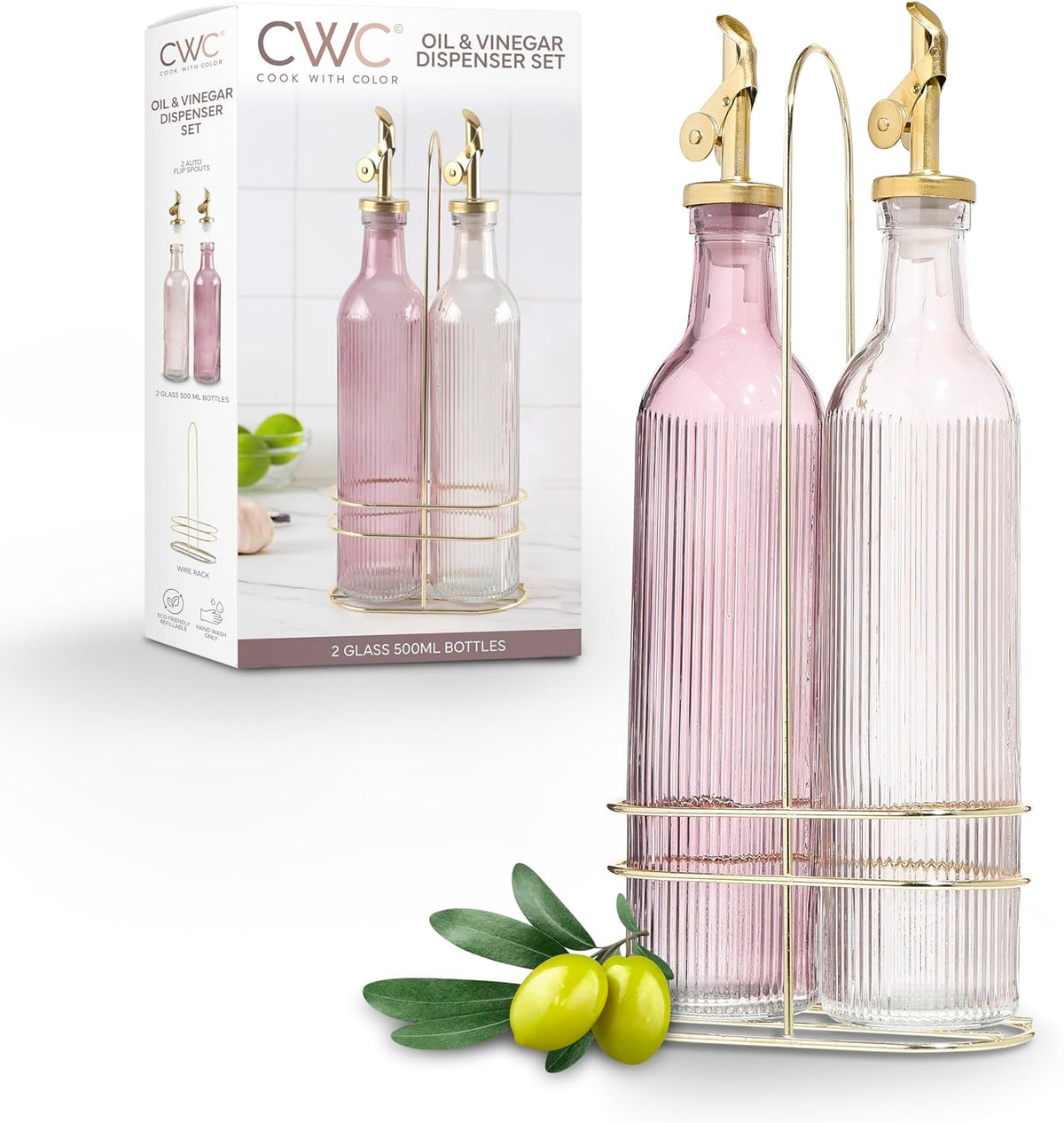 COOK WITH COLOR Glass Olive Oil Bottle Dispenser - 2 Pack- 17oz Oil and Vinegar Cruet - Olive Oil