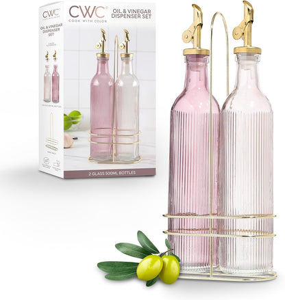 COOK WITH COLOR Glass Olive Oil Bottle Dispenser - 2 Pack- 17oz Oil and Vinegar Cruet - Olive Oil