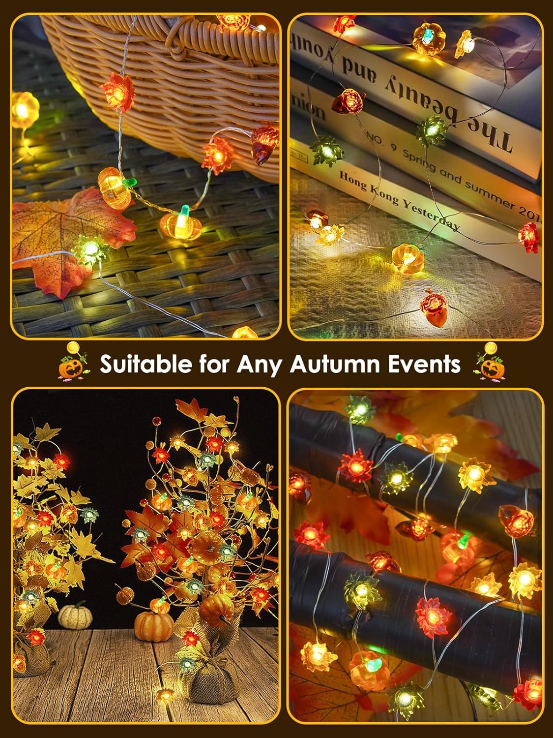 Fall Decorations 3D Pumpkin Acorn Maple Leaf Fairy Lights Battery Operated with Remote, 10FT 30 LED