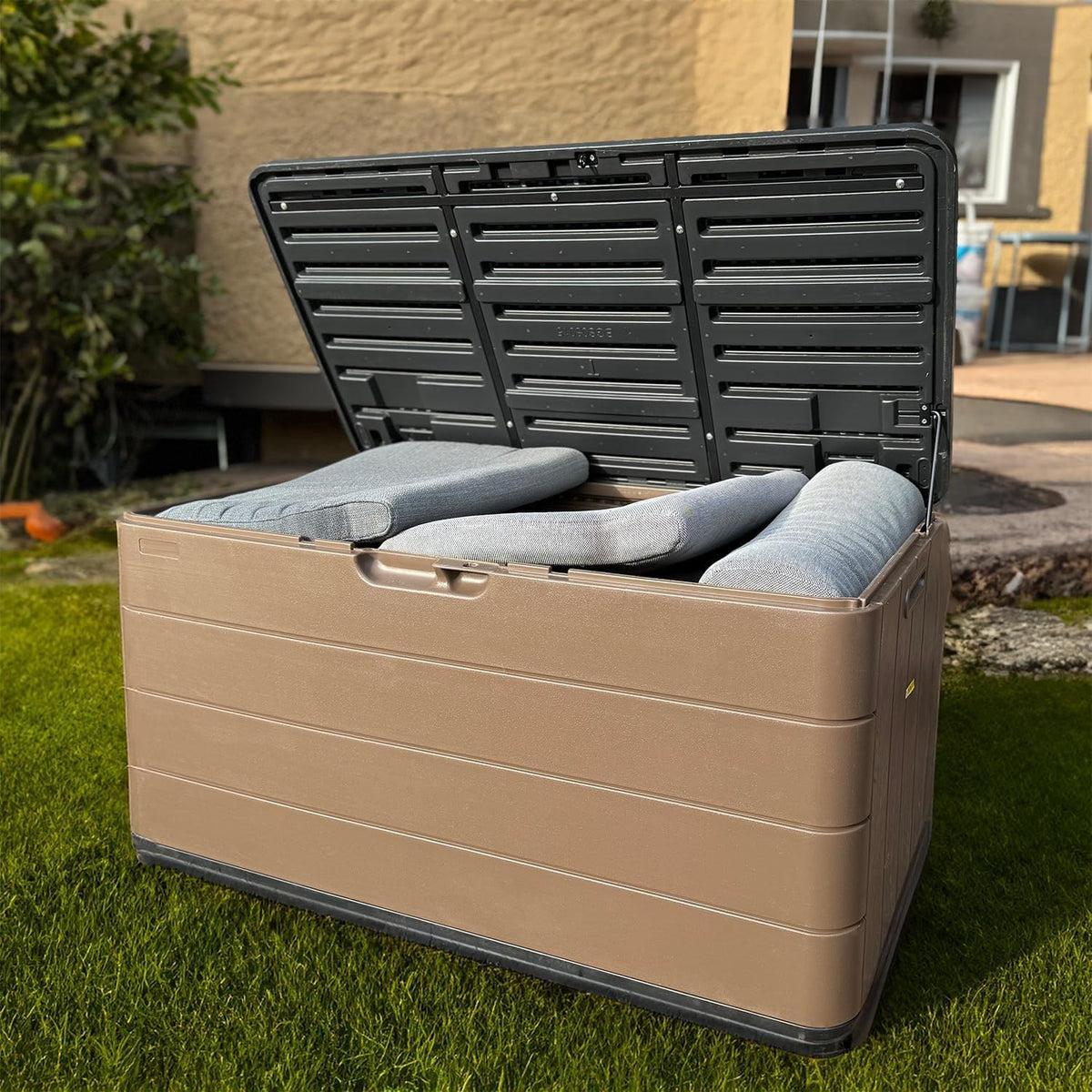 100 Gallon Plus Resin Deck Box, Waterproof Outdoor Storage Bin for Patio Furniture, Pool