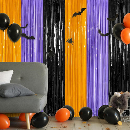 2 Pack Halloween Backdrop, 3.28 FT x 7.05 FT Foil Fringe Curtains, Orange Purple Black Party