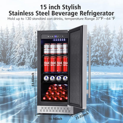 Tylza Beverage Refrigerator 15 Inch Wide, Mini Fridge Stainless Steel Under Counter Beverage