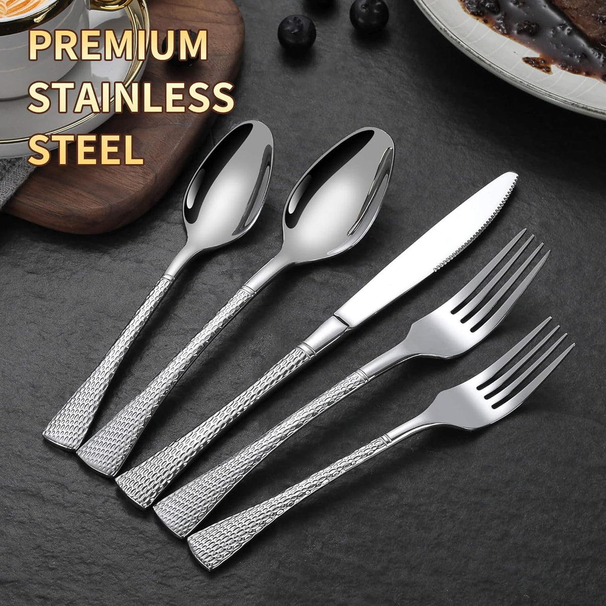 Hammered Silver Silverware Set for 8,Stainless Steel 40-Piece Modern Cutlery Set,Mirror Polished