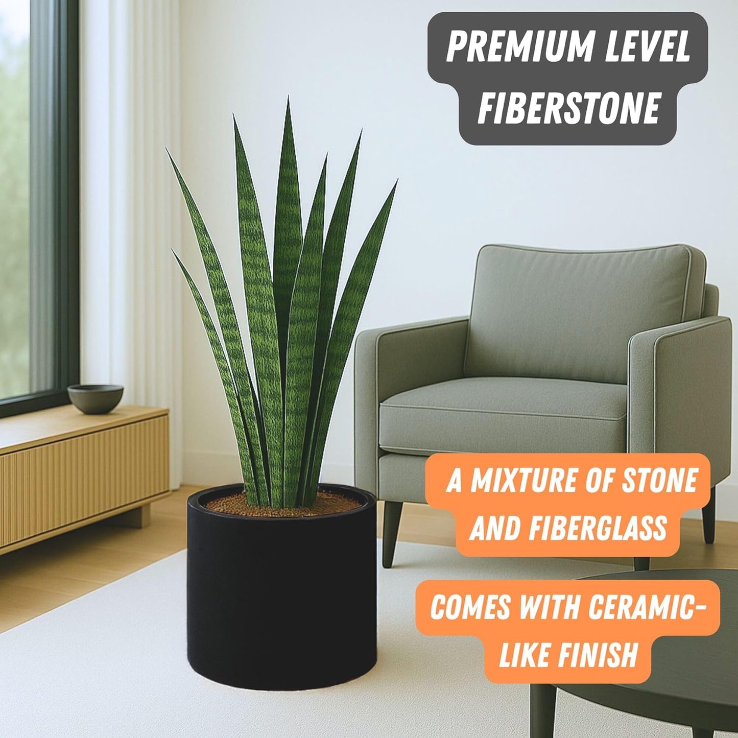 Fox & Fern 14.6 Inch Extra Large Planter — Premium Lightweight Fiberstone Matte Black Plant Pot