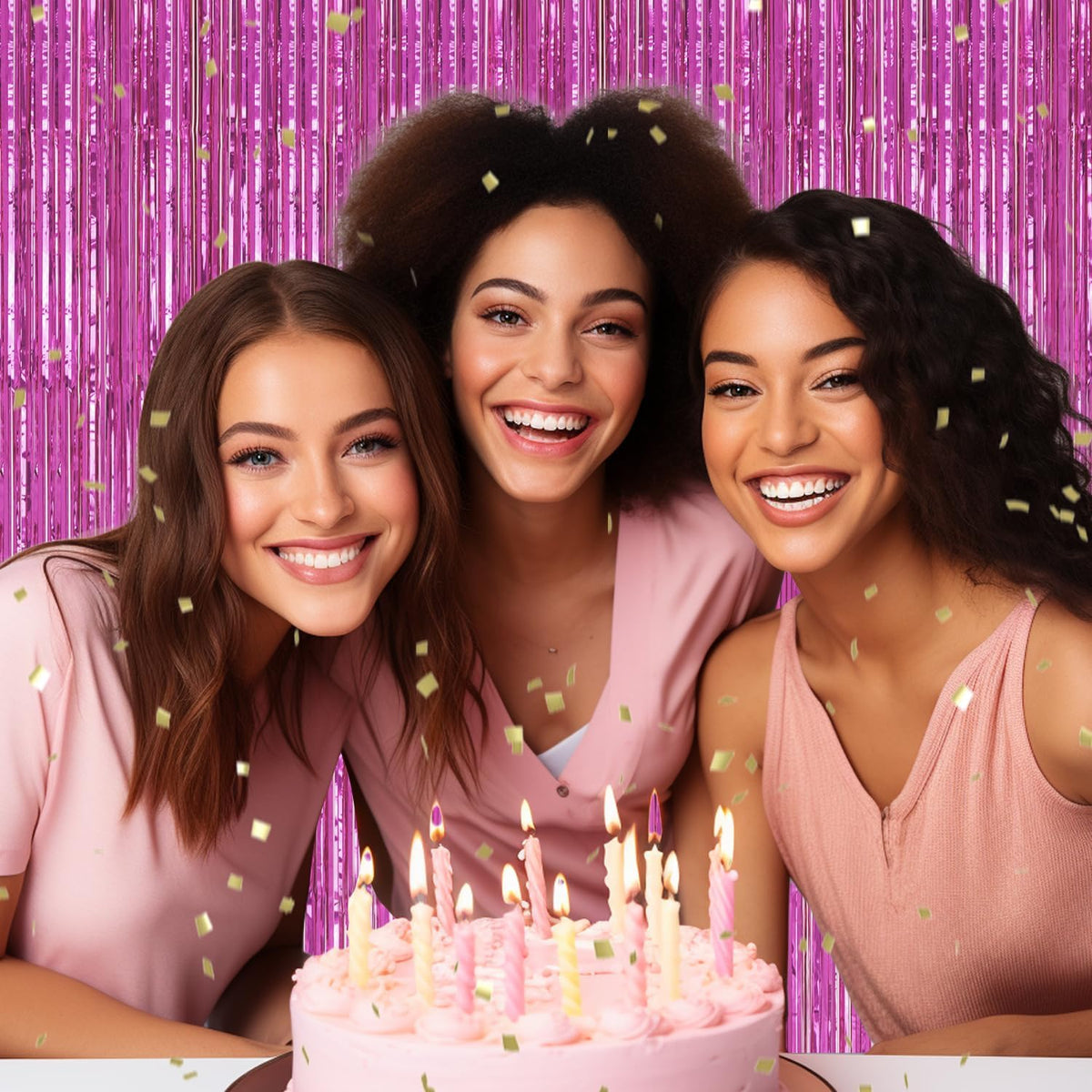 3 Pack Foil Fringe Backdrop - Hot Pink Shiny Tinsel Curtains for Party Decoration/Photo Booth Props