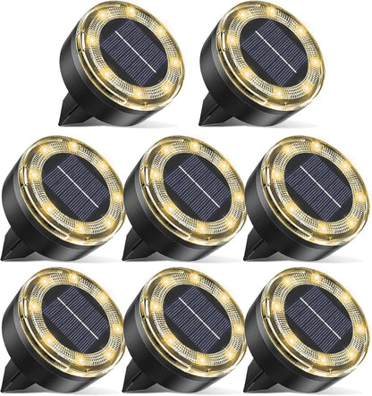 Mini Outdoor Solar Lights，8 Pack Solar Garden Light for Outside IP65 Waterproof, 8 LED Disc
