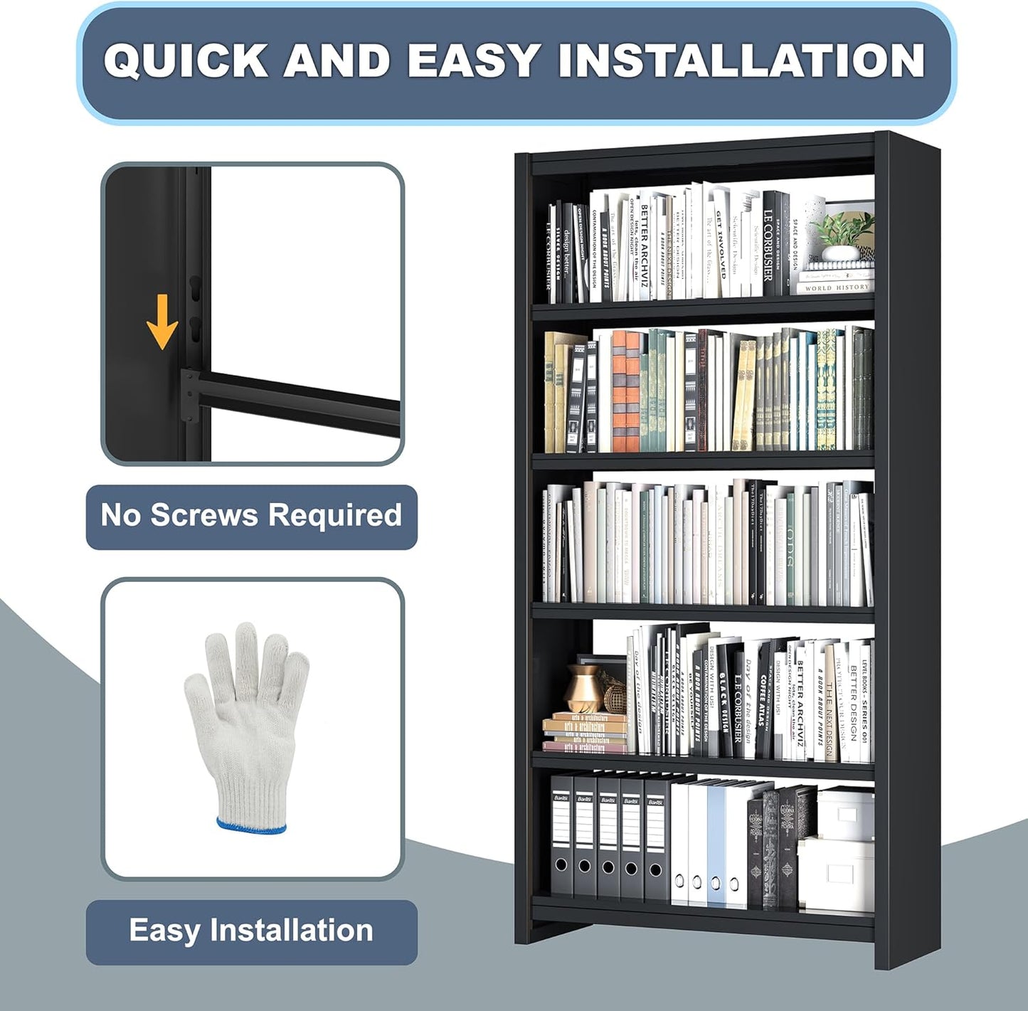 Bookshelf, 5 Shelf Bookcases, Tall Bookcase for Heavy Books, CDs, Movies, Garage Kit, Modern