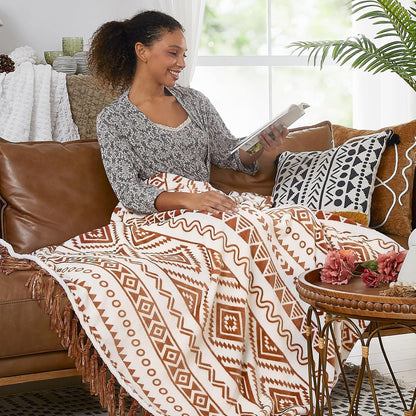 CASAAGUSTO Boho Throw Blanket - Terrcotta Decorative Blankets with Tassel, Printed Flannel Bohemian