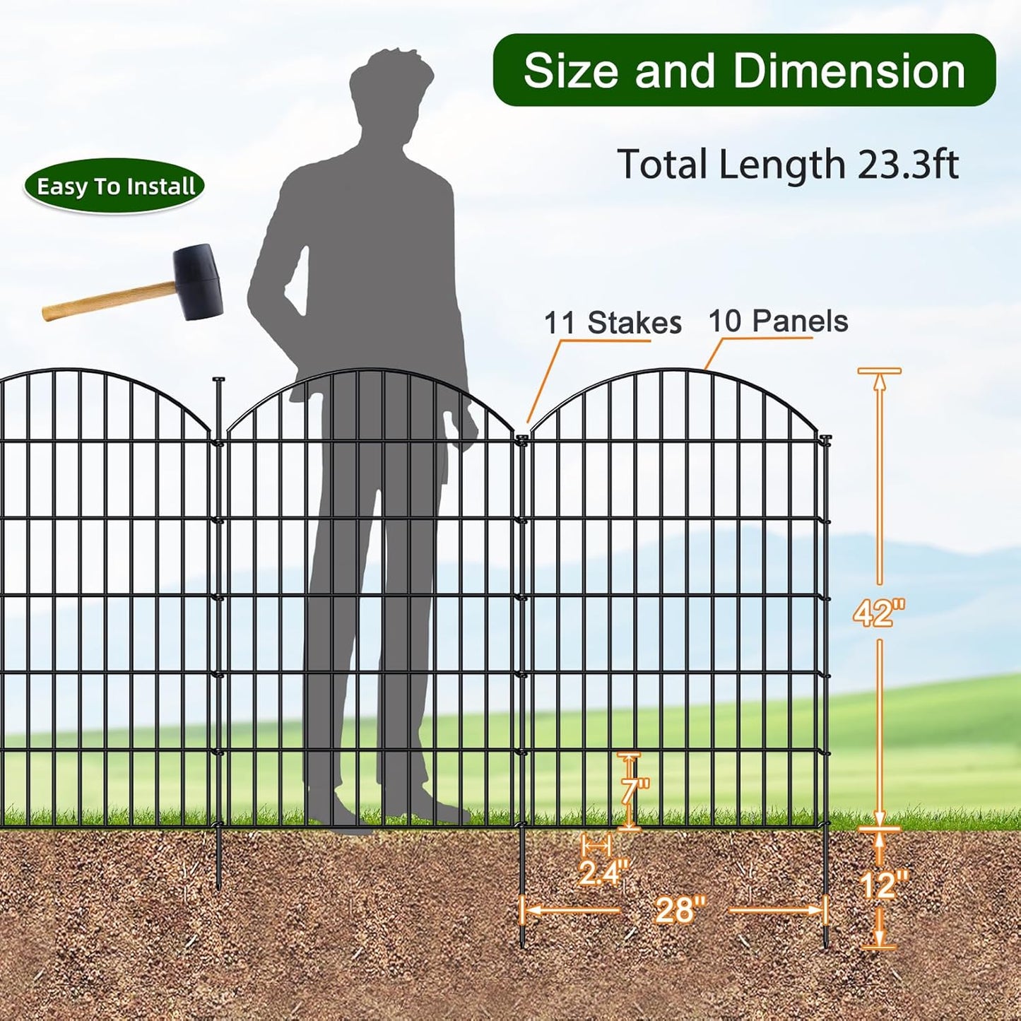Metal Garden Fence 42in (H) x 23.3ft (L), 10 Panels + 11 Stakes Dog Fence Border Fence Animal