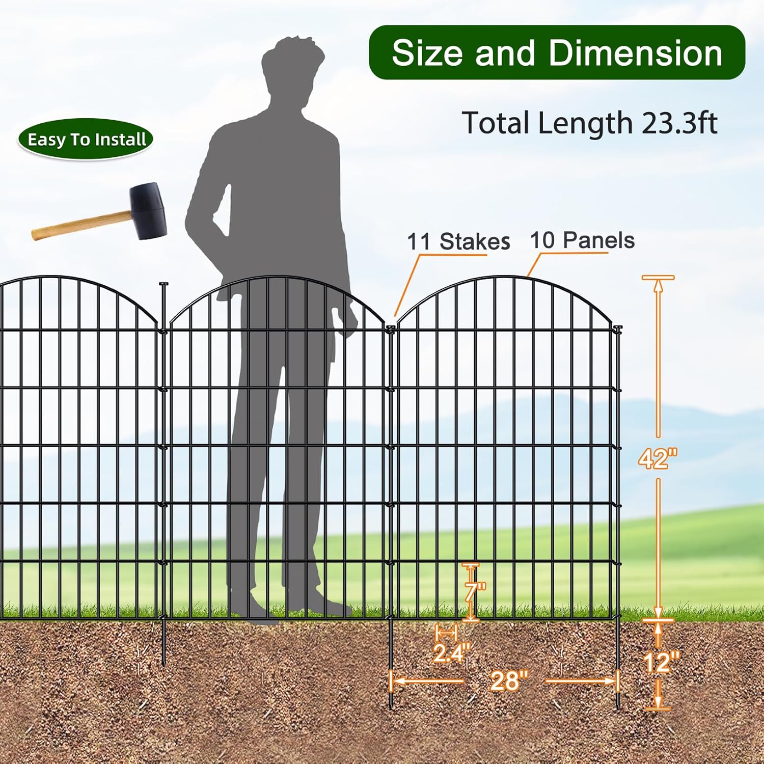 Metal Garden Fence 42in (H) x 23.3ft (L), 10 Panels + 11 Stakes Dog Fence Border Fence Animal