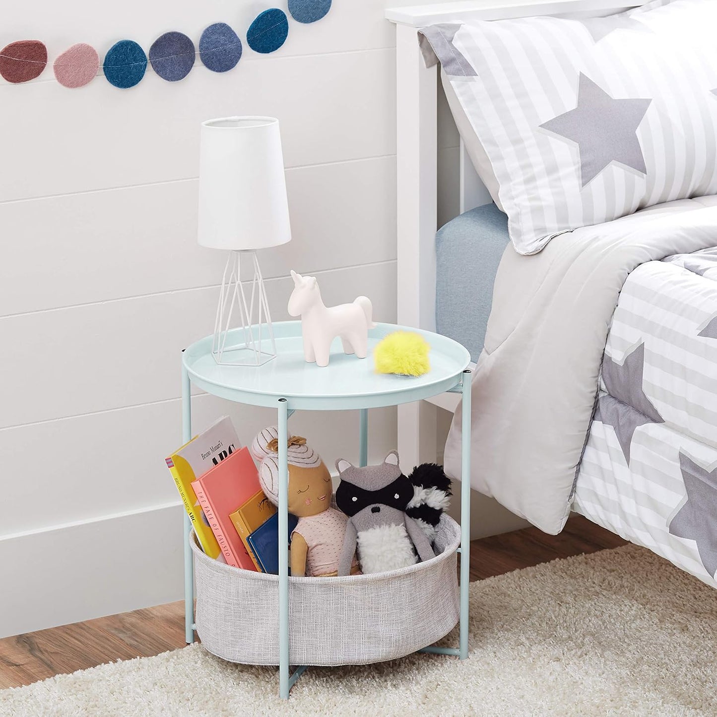 Amazon Basics Round Storage End Table, Side Table with Cloth Basket, Mint Green/Heather Gray, 18 in