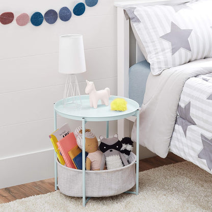 Amazon Basics Round Storage End Table, Side Table with Cloth Basket, Mint Green/Heather Gray, 18 in