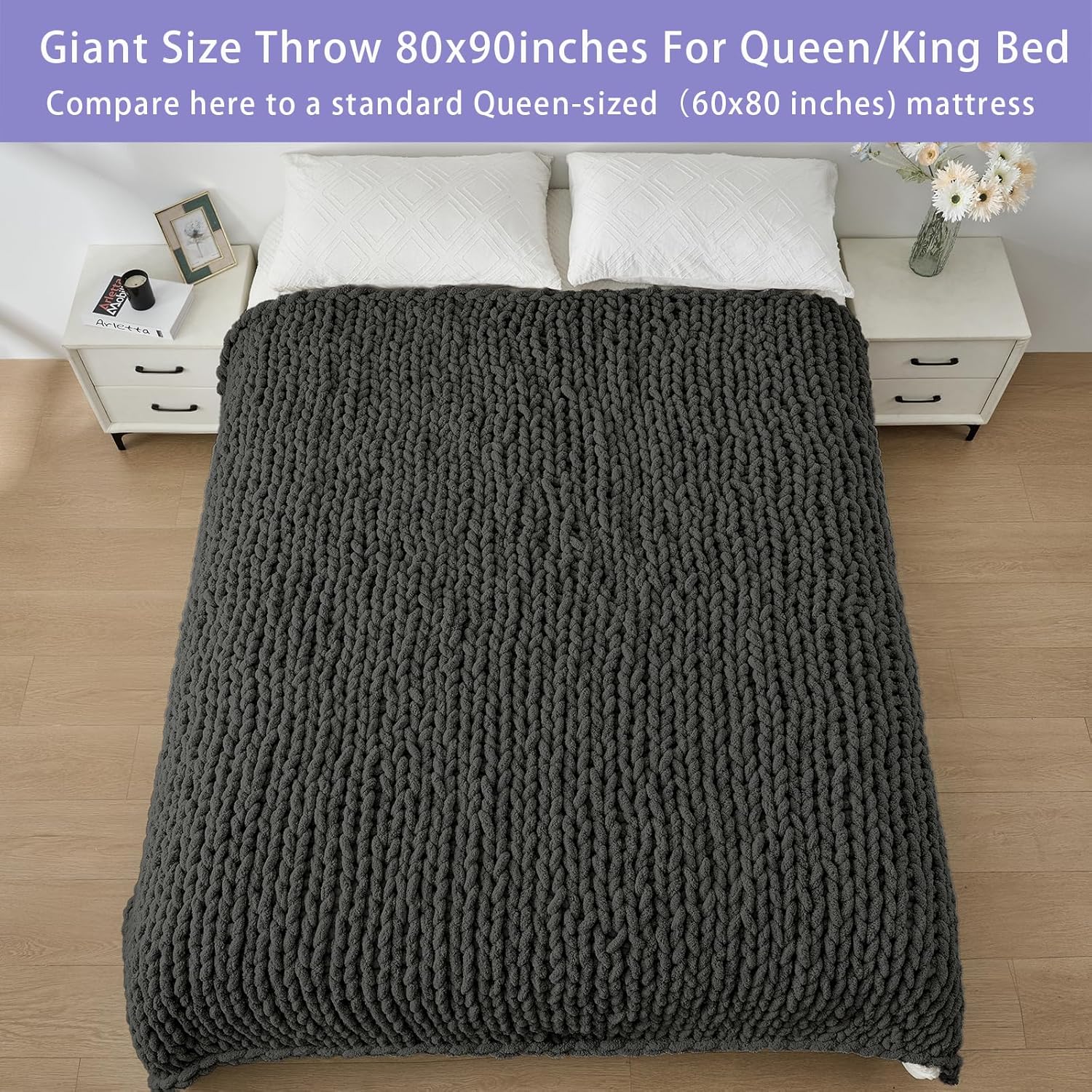Bigacogo Chunky Knit Throw Blanket for Couch, 80x90 inches, 100% Hand Knitted with Thick Jumbo