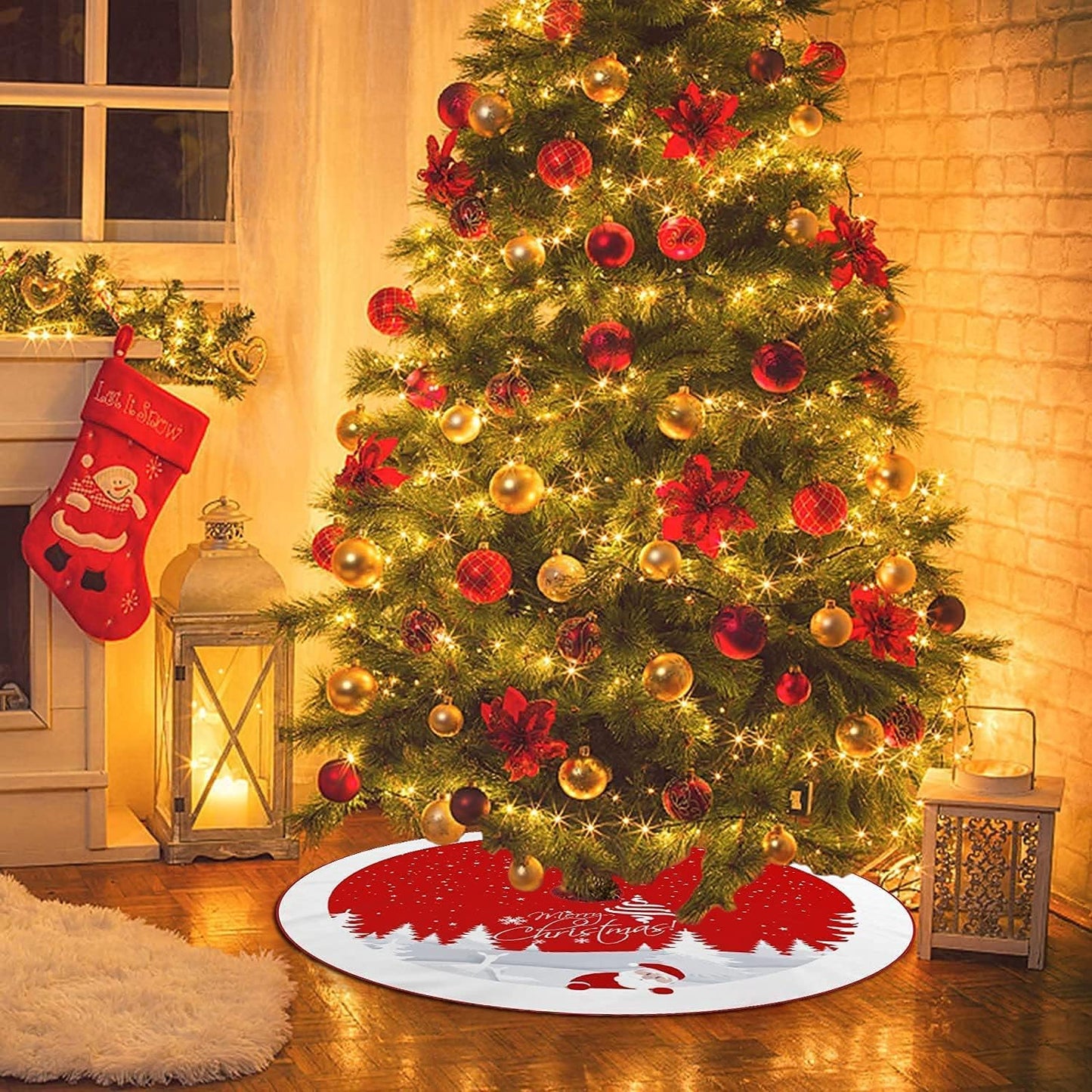 Christmas Tree Skirt Red Xmas Tree Ornaments for White Soft Plush Christmas Tree Mat with Snowy