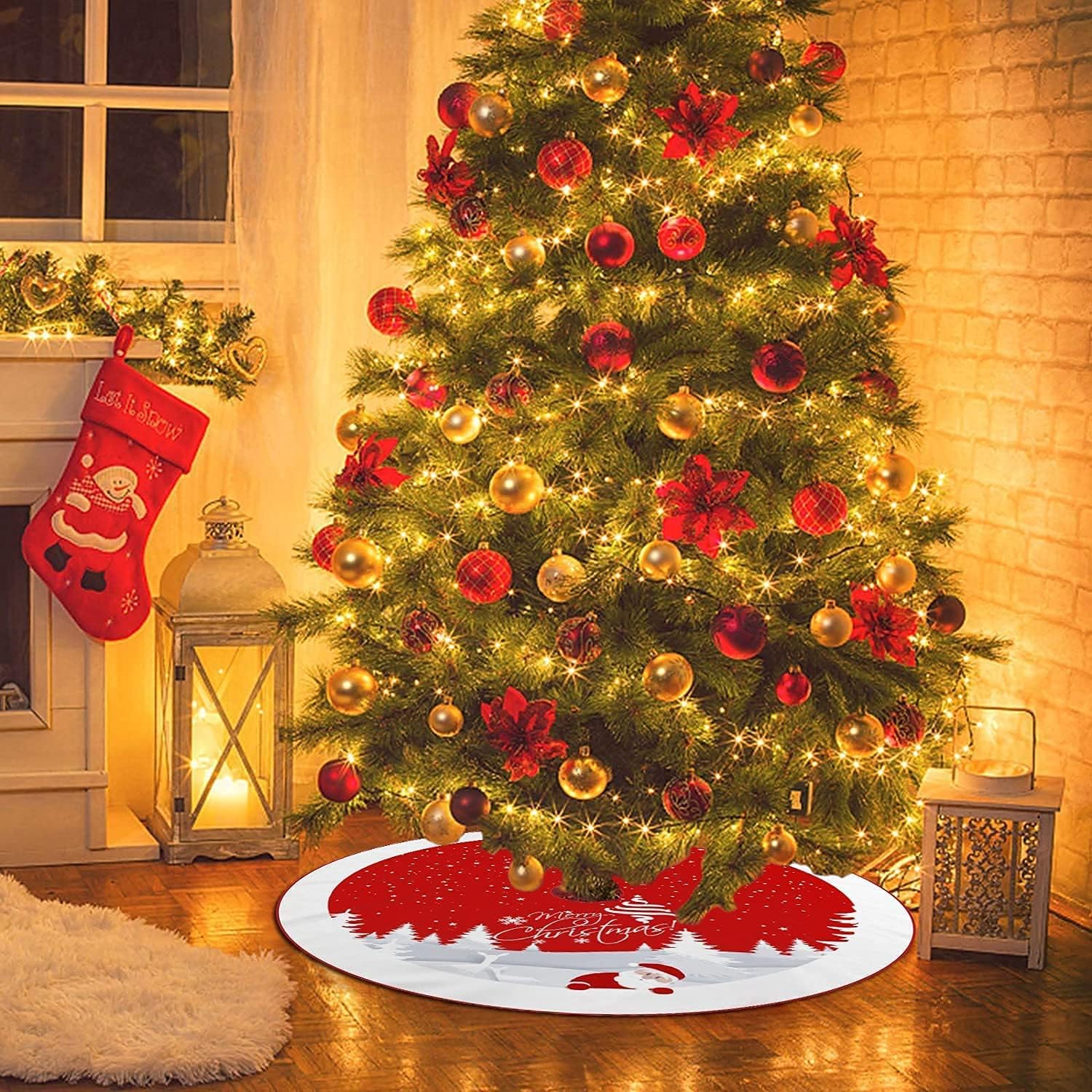 Christmas Tree Skirt Red Xmas Tree Ornaments for White Soft Plush Christmas Tree Mat with Snowy