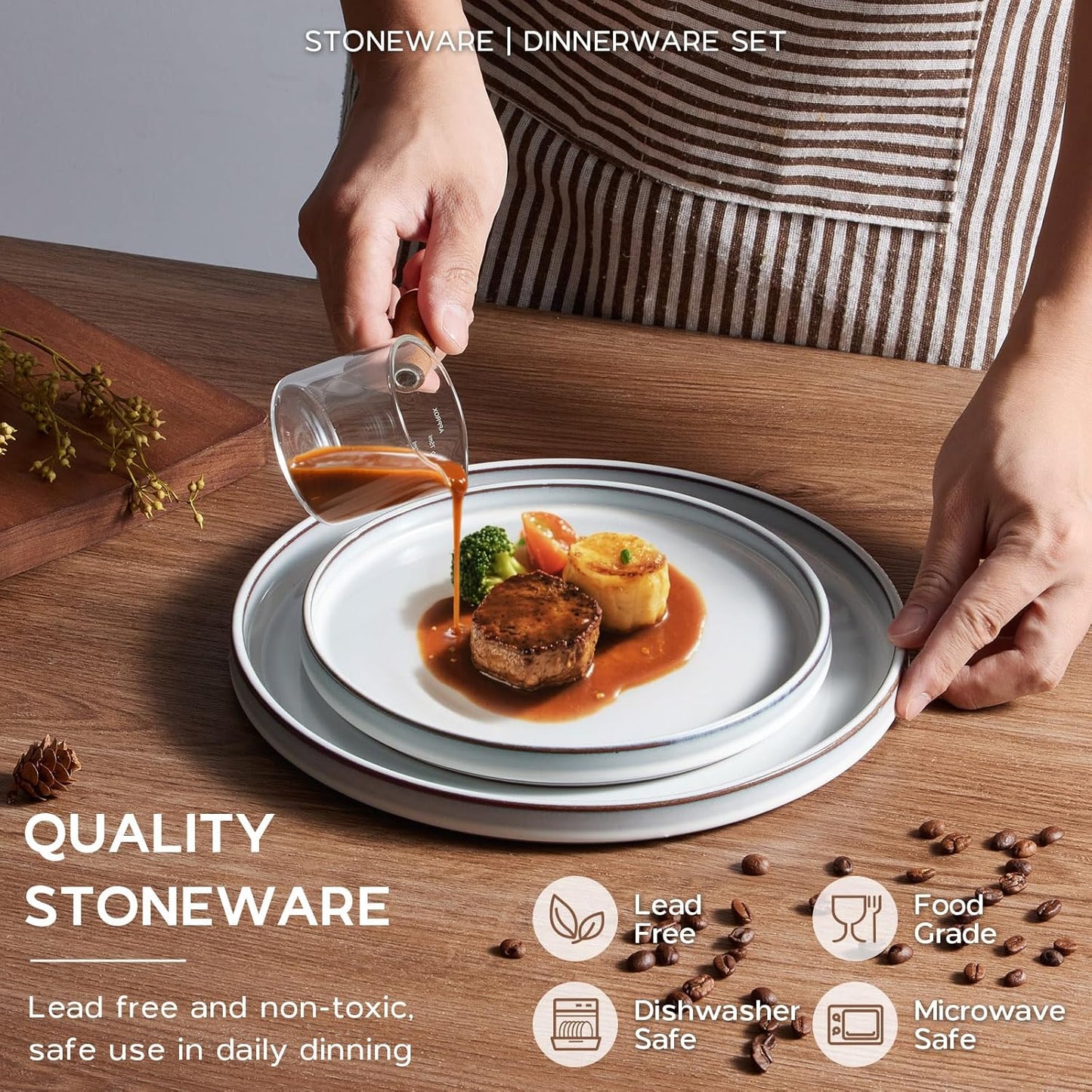 Onader Dinnerware Dishes Sets for 8, Stoneware Plates and Bowls with Unglazed Terracotta Bottom