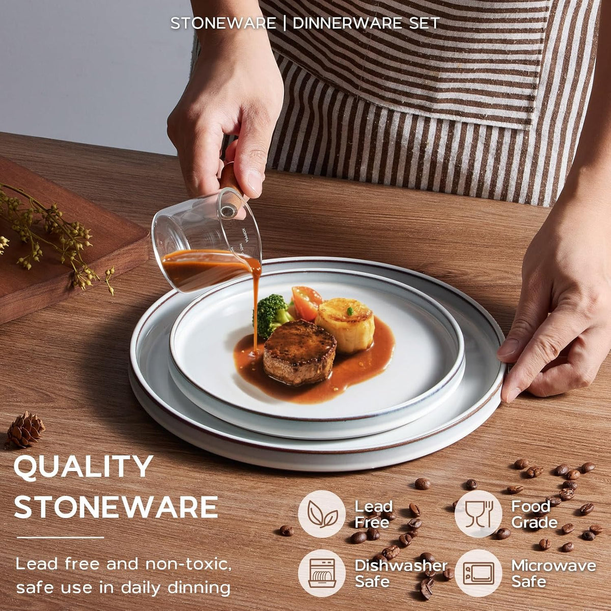 Onader Dinnerware Dishes Sets for 8, Stoneware Plates and Bowls with Unglazed Terracotta Bottom