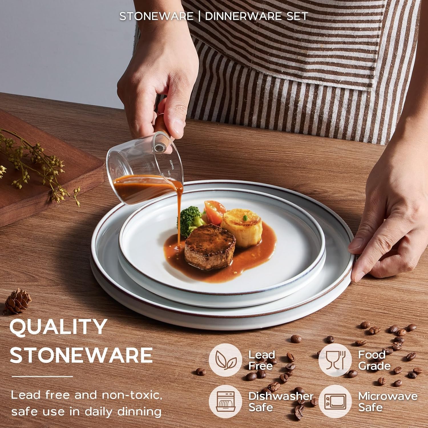 Onader Ceramic Dinnerware Sets for 6, Stoneware Plates and Bowls with Rustic Terracotta Bottom