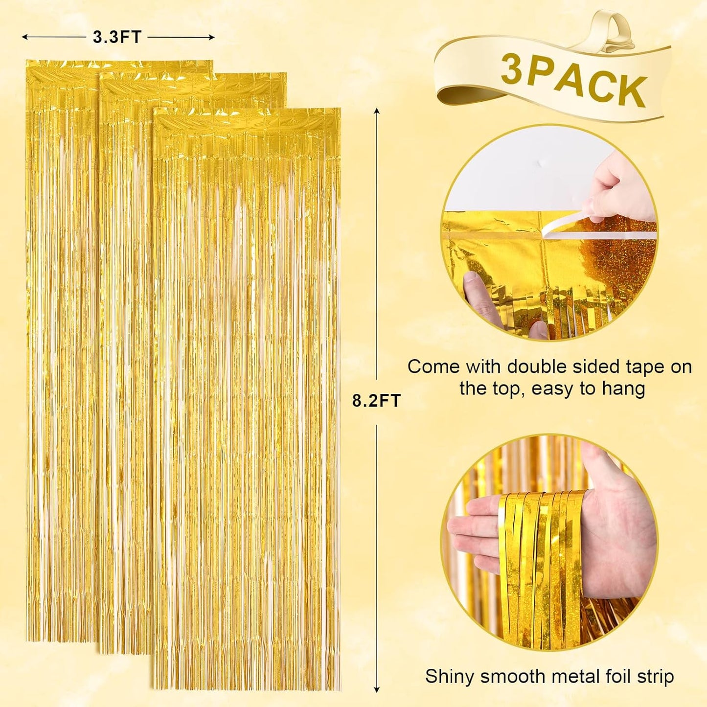3 Pack 3.3 x 8.2 ft Laser Gold Foil Fringe Backdrop Curtains, Tinsel Streamers Birthday Party