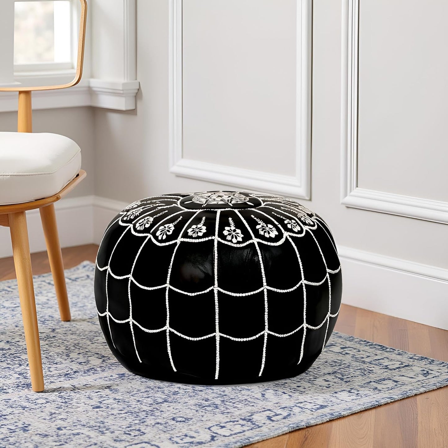 Stuffed Arch Design Moroccan Leather Pouf Ottoman, Handmade, Pre-Filled, 100% Genuine Leather, 14”
