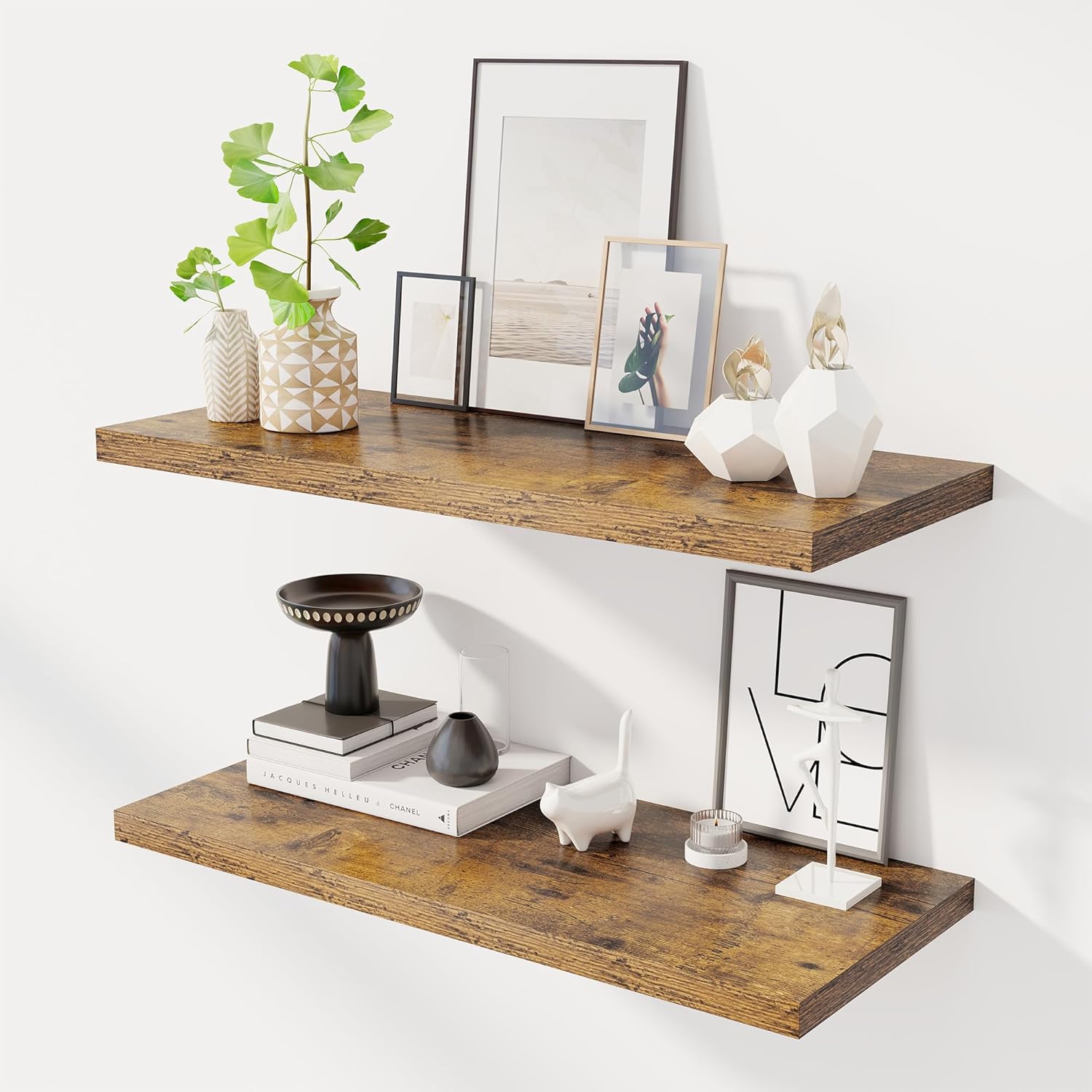 32" Floating Shelves for Wall, 12" Deep Slim Rustic Brown Floating Shelves, Wall-Mounted Shelves