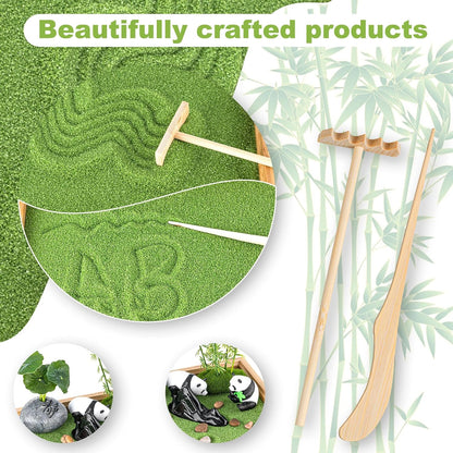Zen Garden Kit for Desk 11''x7.5'' Room Decor with Green Sand, Panda Decorative Ornaments