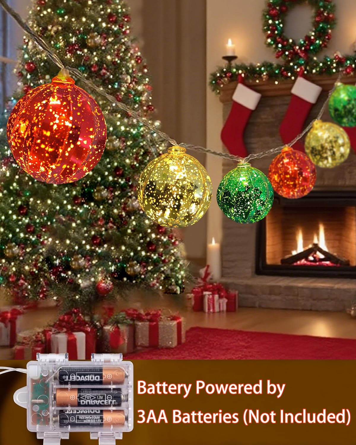 Christmas Tree Ball Ornament Lights 7FT Battery Operated Christmas Lights Indoor 10 LED Colored