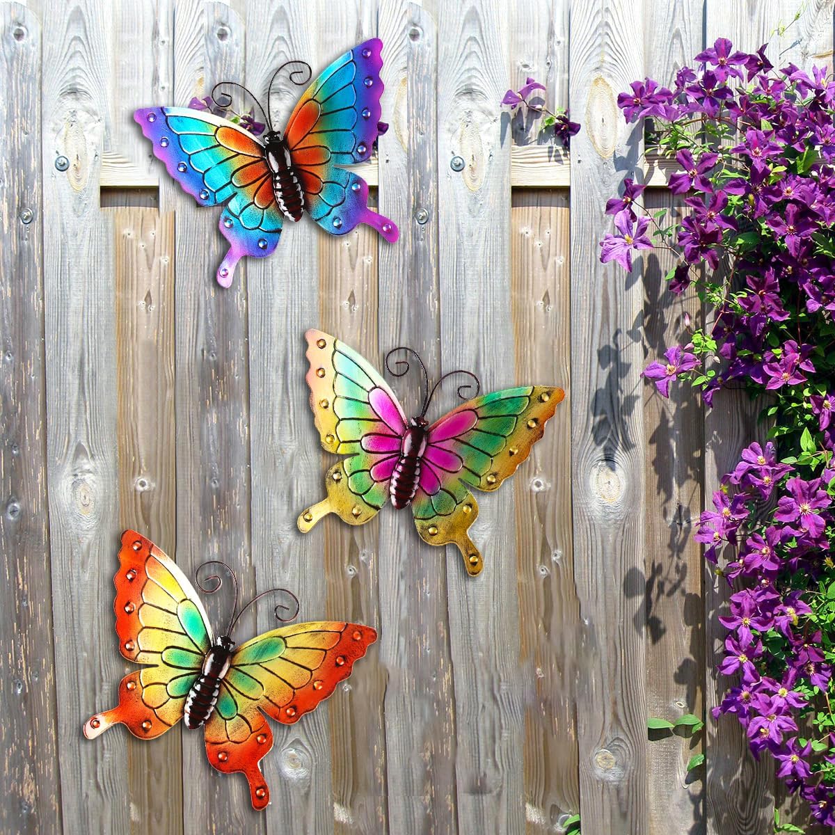 MACLARONX 3Pcs Metal Butterfly Wall Decor,11" Large Outdoor Fence Yard Art Butterflies 3D Garden