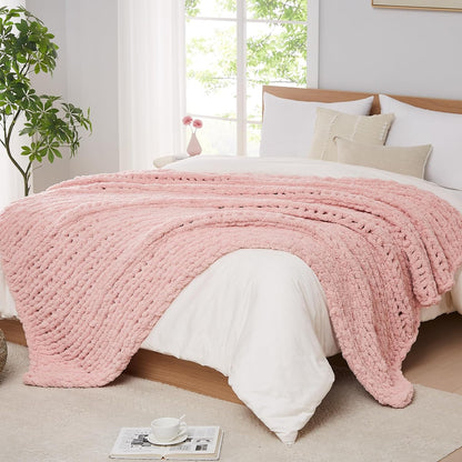 L'AGRATY Chunky Knit Blanket Throw - Soft Chenille Yarn Throw Blanket 40x50： Handmade Thick Cable