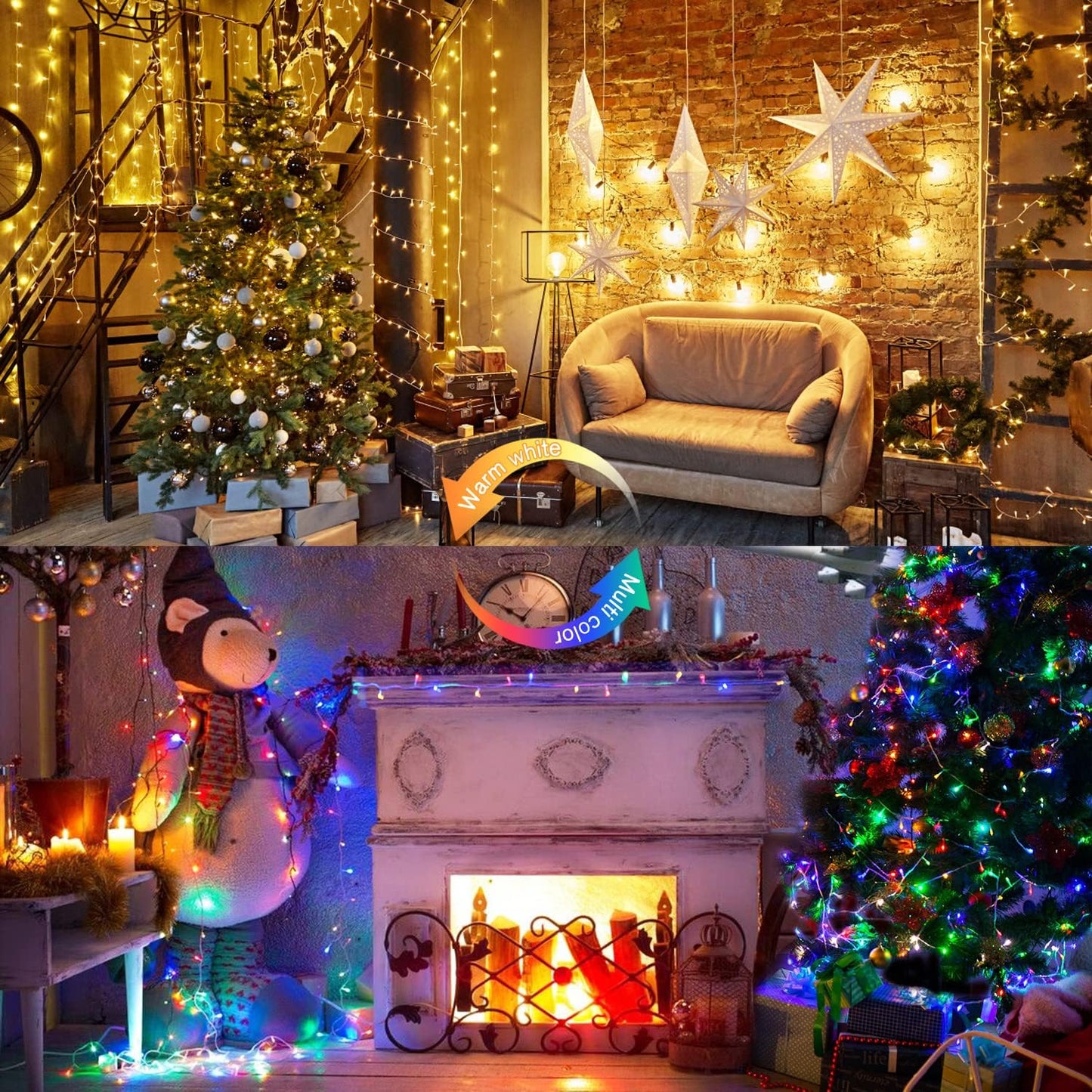 JMEXSUSS 33ft 100 LED Color Changing String Lights Plug in, Warm White & Multicolor Christmas Tree