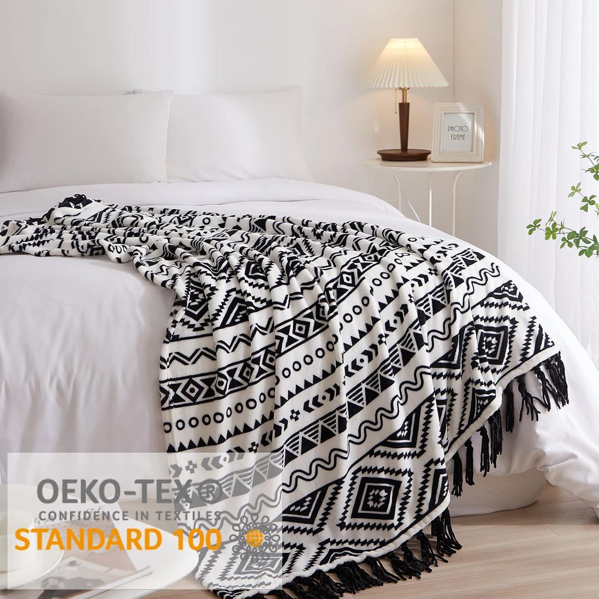 CASAAGUSTO Boho Throw Blanket - Black and White Decorative Blankets with Tassel, Printed Flannel