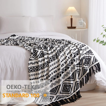 CASAAGUSTO Boho Throw Blanket - Black and White Decorative Blankets with Tassel, Printed Flannel
