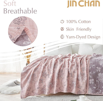 jinchan Boho 100% Cotton Muslin Twin Size 50x60 Inches Blanket Lightweight 4-Layer Quilted Soft