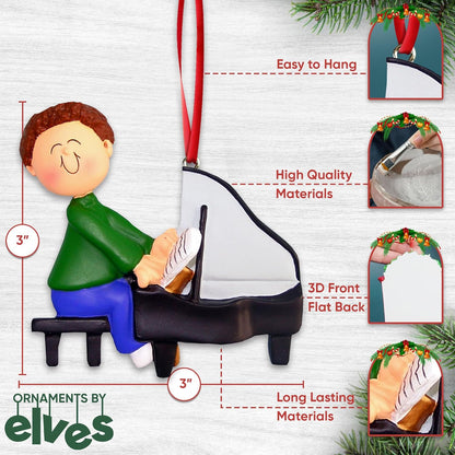 Ornaments by Elves Personalized Grand Piano Ornament for Christmas Tree 2024 - Brunette Music Boy
