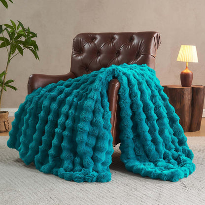 Lotus Karen Faux Fur Throw Blanket Teal - Big Bubble Rabbit Fluff Blanket for Couch Bed