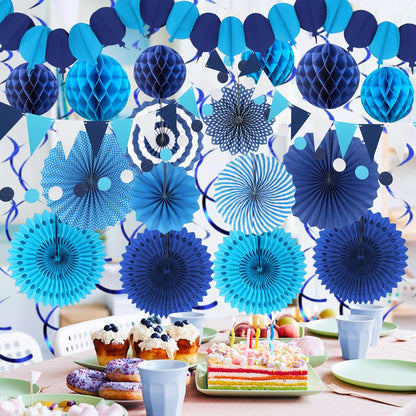 Blue Party Decorations, Easy Assembly Paper Fan Honeycomb Ball Garland Hanging Swirl Navy Blue