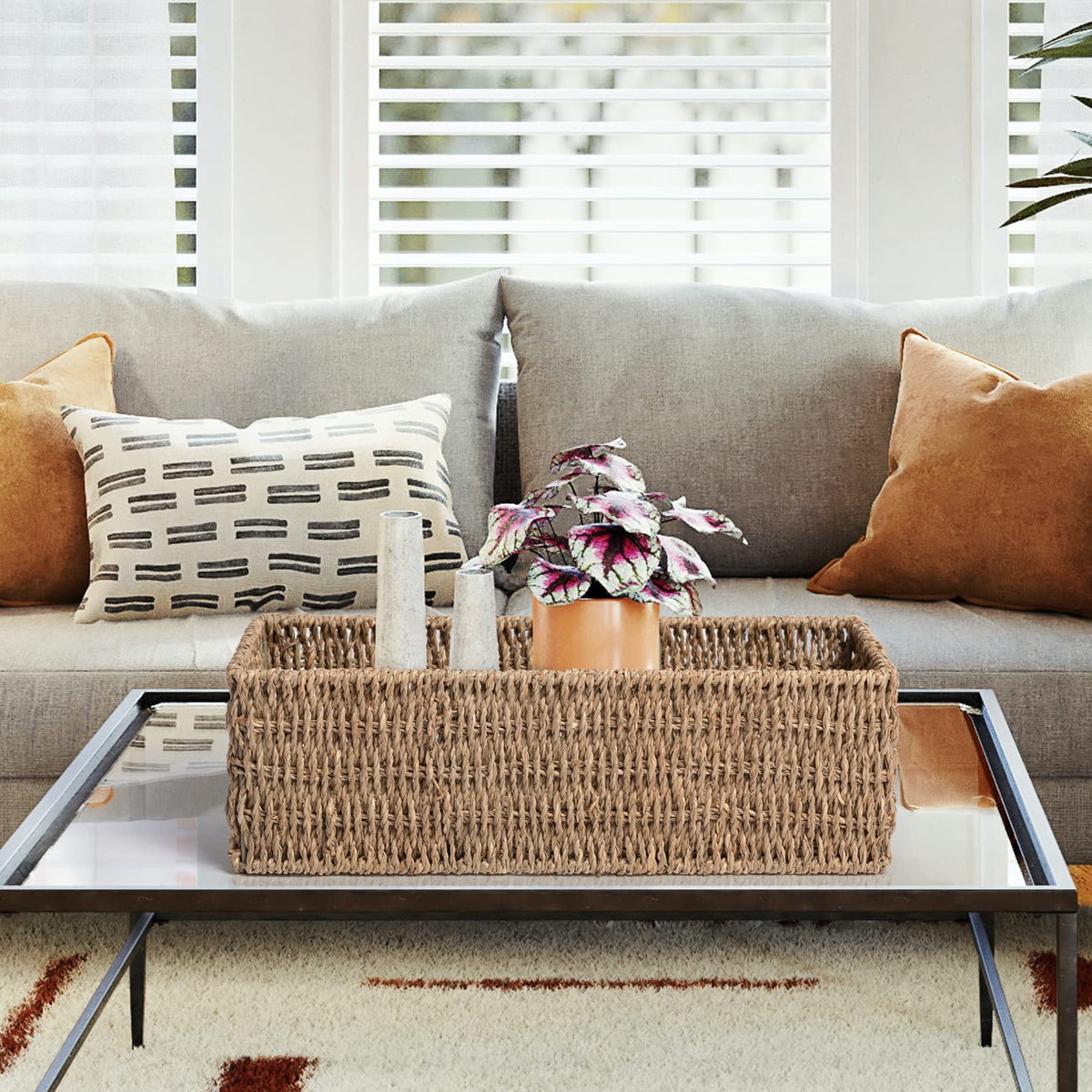JS HANGER Toilet Basket Tank Topper， Seagrass Storage Baskets, Rectangular Wicker Baskets for