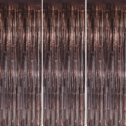 3 Pack Foil Fringe Backdrop - Brown Shiny Tinsel Curtains for Party Decoration/Photo Booth Props