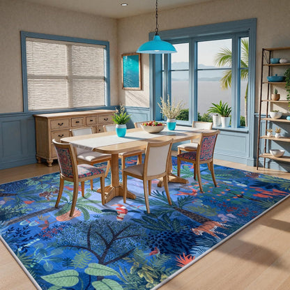 LIVEBOX Washable Jungle Animal Print Rugs 9x12 Blue Rugs for Living Room, Stain Resistant Soft Kids