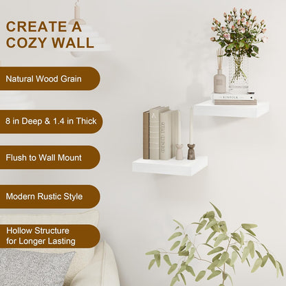 8 Inch Deep Floating Shelves White, Rustic Wood Floating Shelf for Home Decor, 8 x 8 Inch Square