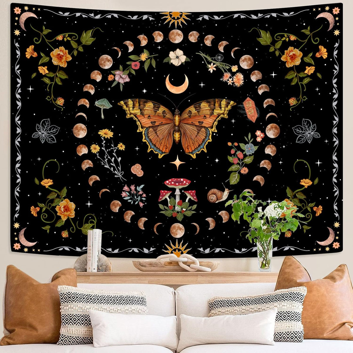 Aipon Orange Butterfly Moon Flower Tapestry Botanical Floral Plant Boho Tapestry for Bedroom