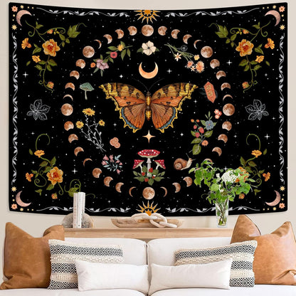 Aipon Orange Butterfly Moon Flower Tapestry Botanical Floral Plant Boho Tapestry for Bedroom