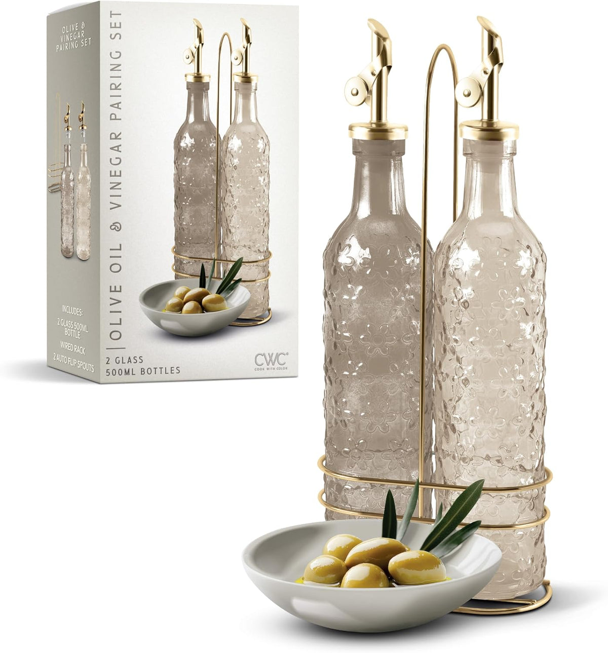 COOK WITH COLOR Glass Olive Oil Bottle Dispenser - 2 Pack- 17oz Oil and Vinegar Cruet - Olive Oil