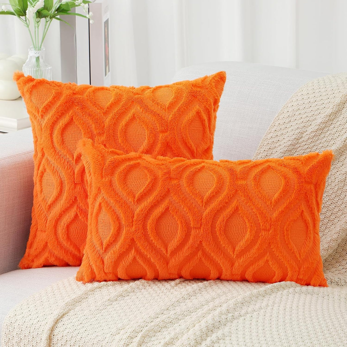 decorUhome Fall Throw Pillow Covers 12x20 Inch Set of 2, Soft Plush Decorative Faux Fur Orange